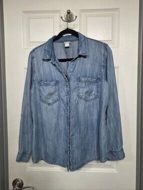 Chico's Light Blue Denim Chambray Frayed Shirt Western Boho Rodeo Festival Large